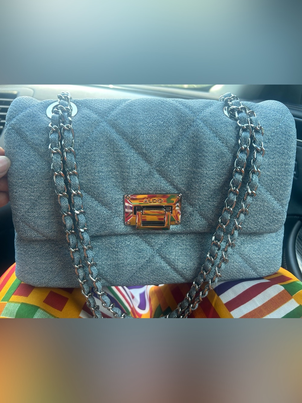 ALDO Quilted Denim Shoulder Bag with Silver Chain